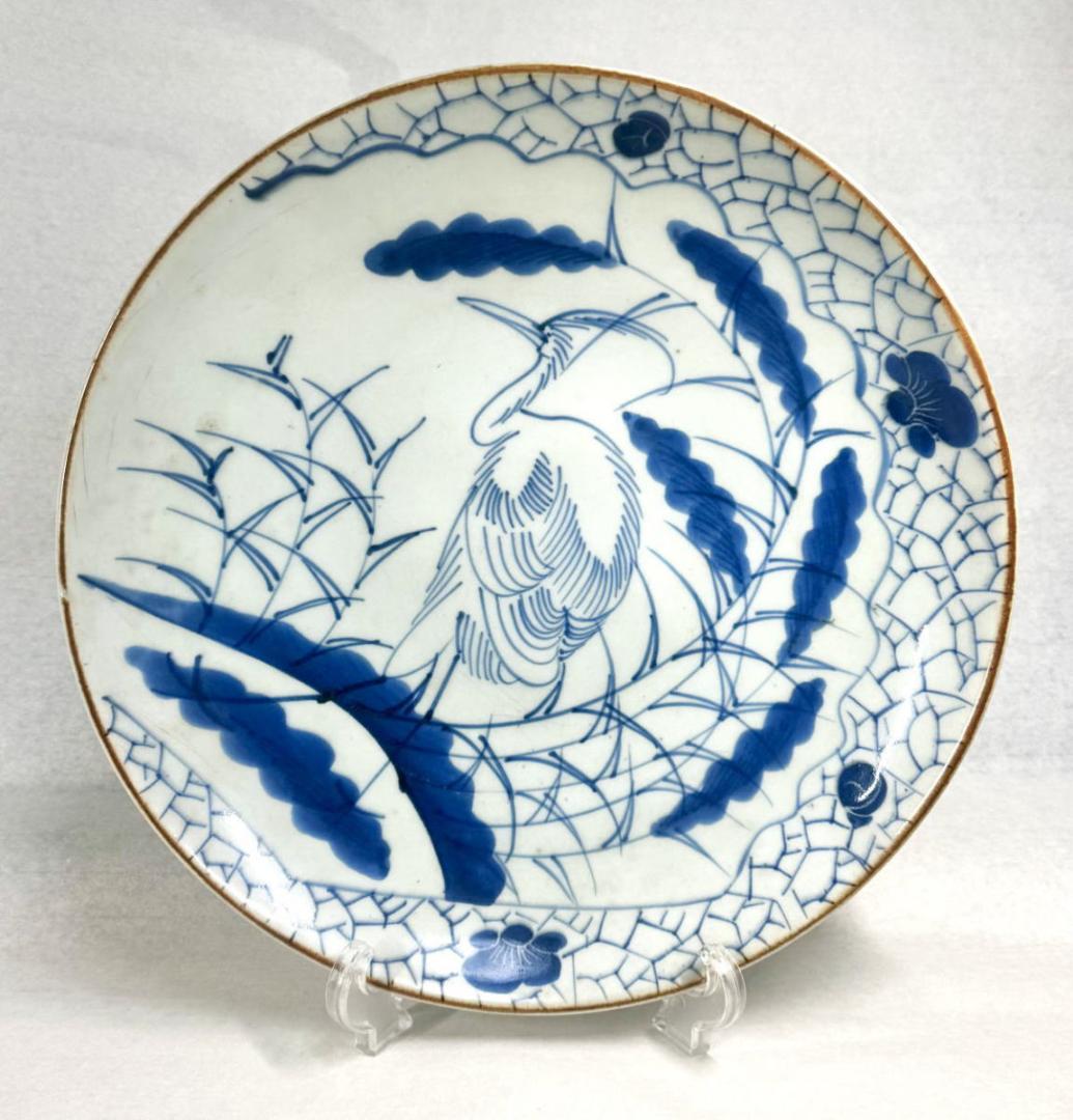 時代物 古伊万里 古染付氷紋鷺図大皿 古美術 ウブ品 入手困難 WWTT172