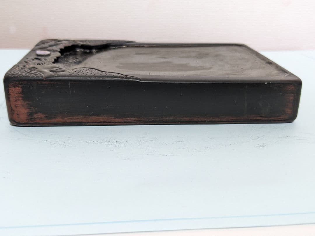 ♦中国硯 古玩 硯蓋 縞黒檀 龍文様硯 文房四宝 古美術品 アンティーク 骨董品