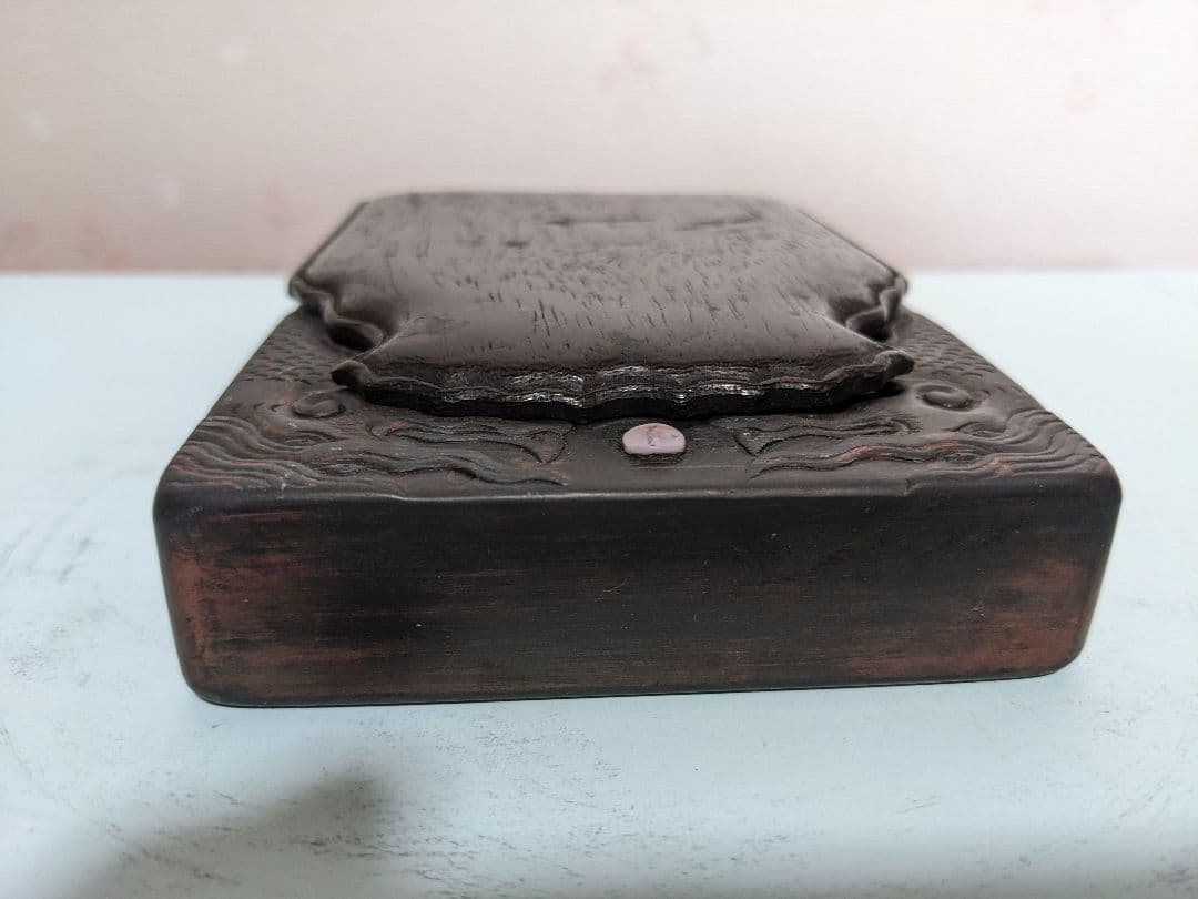 ♦中国硯 古玩 硯蓋 縞黒檀 龍文様硯 文房四宝 古美術品 アンティーク 骨董品