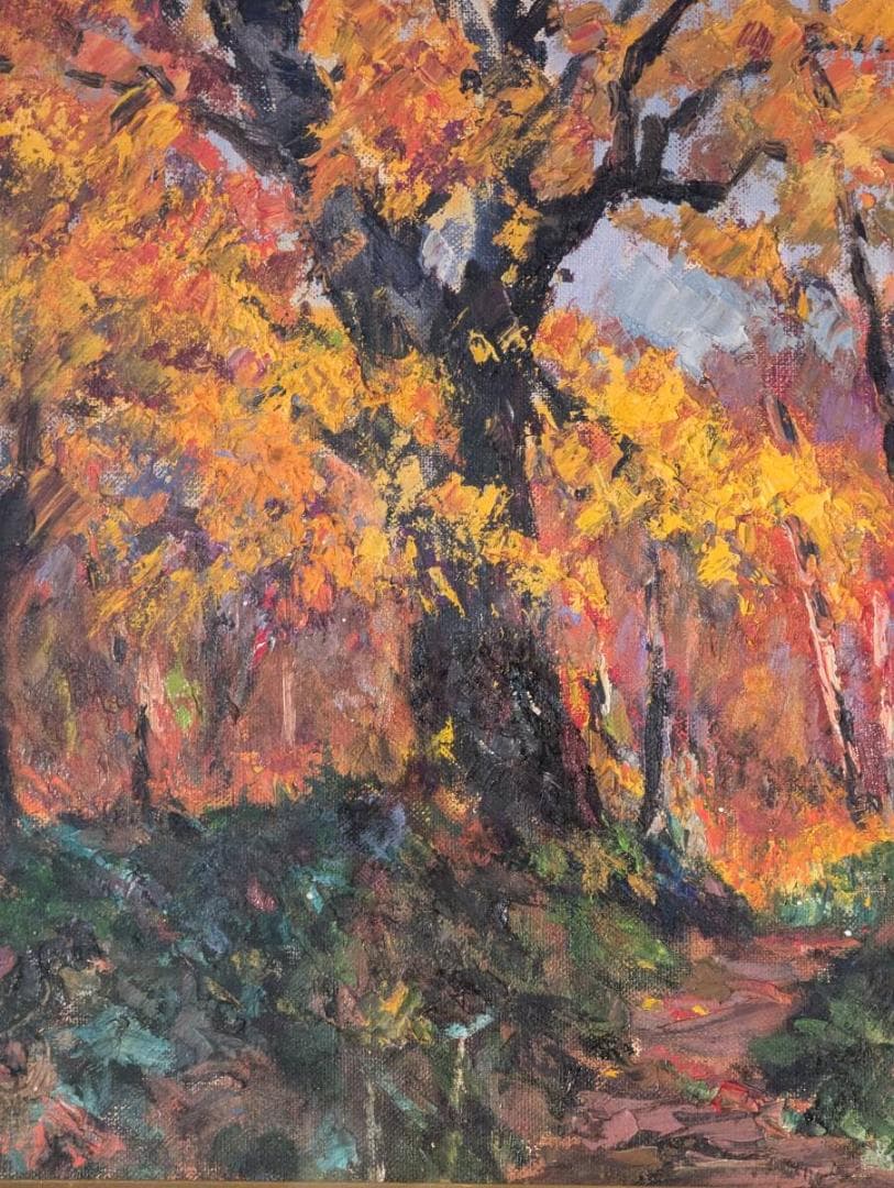 【真作】絵画　荒木総一　油彩6号　紅葉の道　示現会作家　風景画　W60