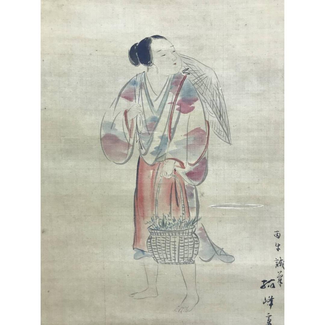 真作/孤峰/旭日人物図/童図/わらべ図/掛軸☆/名家伝来/AK-397