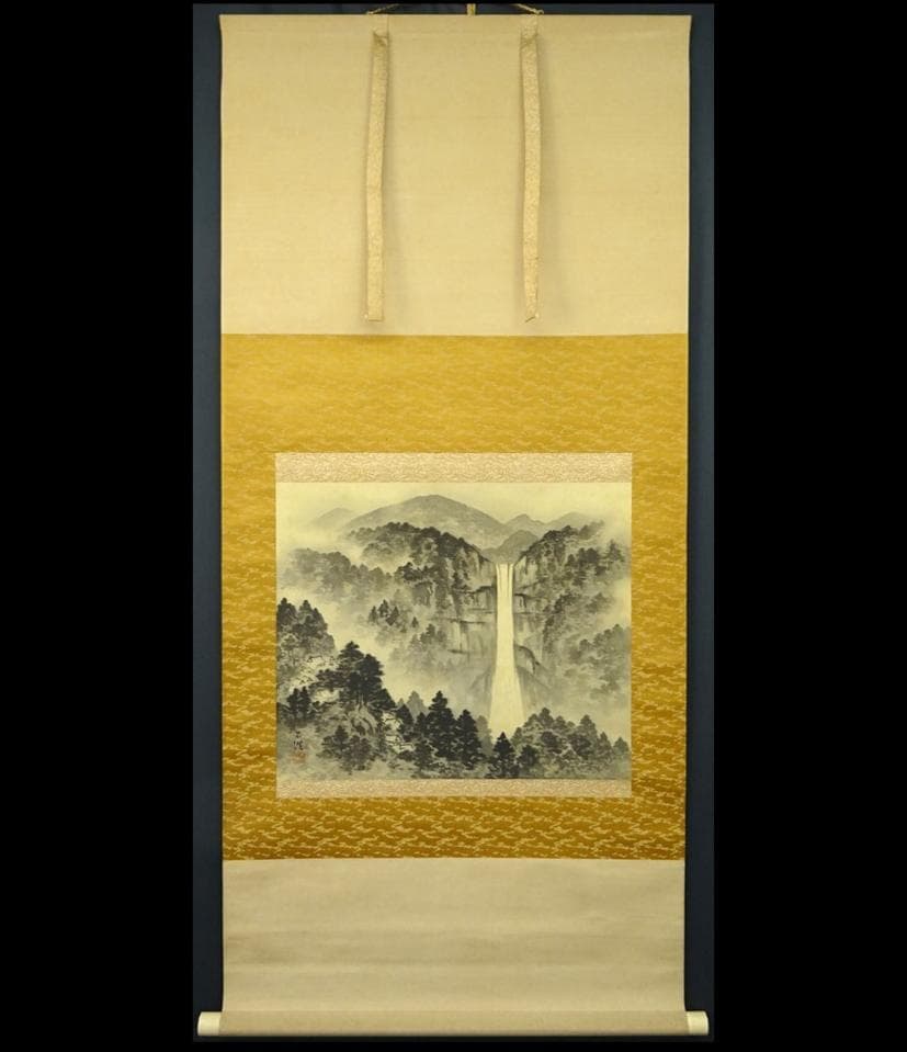 掛軸 生駒石渓『那智山 山水 瀑布』絹本 共箱 二重箱付 掛け軸 a073118