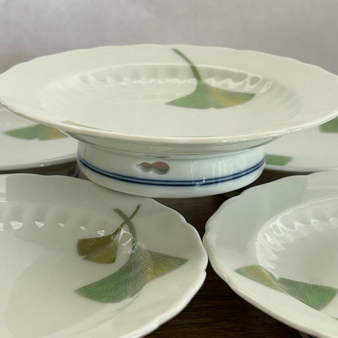 たち吉　緑彩菊花　深皿　煮物鉢　5枚セット　銀杏　瓢箪抜　高台　小皿　5枚セット