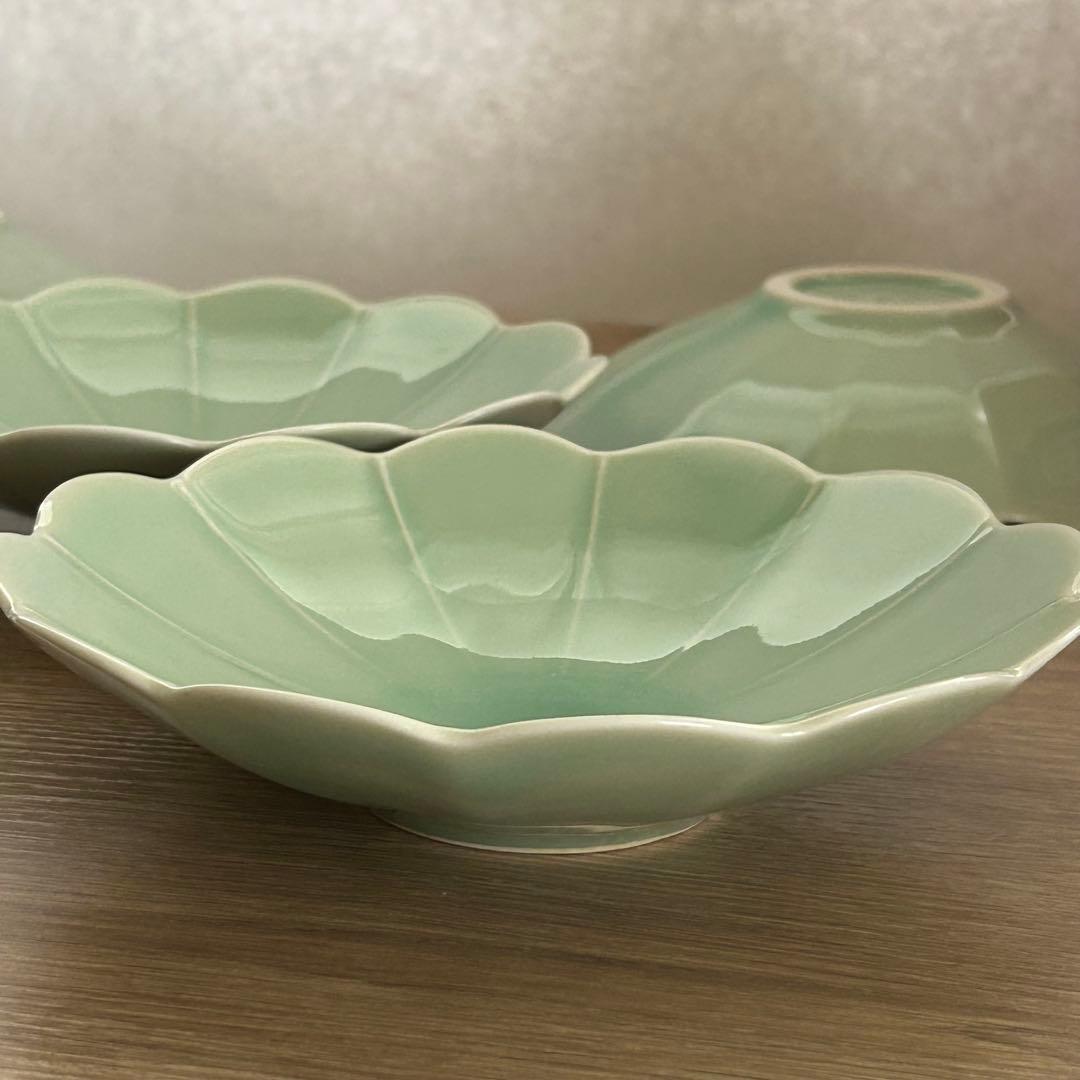 たち吉　緑彩菊花　深皿　煮物鉢　5枚セット　銀杏　瓢箪抜　高台　小皿　5枚セット