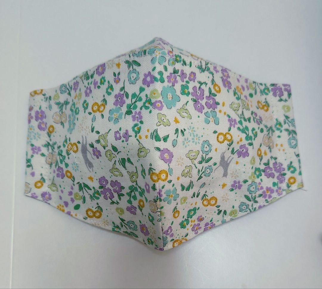 オーガニックコットン接触冷感／子供用　マスク　女の子　小花　ネコ　低学～中高学年