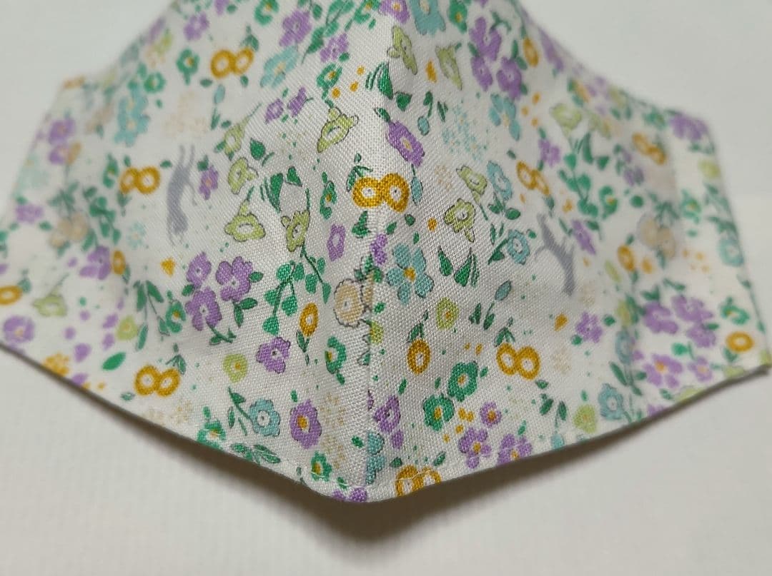 オーガニックコットン接触冷感／子供用　マスク　女の子　小花　ネコ　低学～中高学年