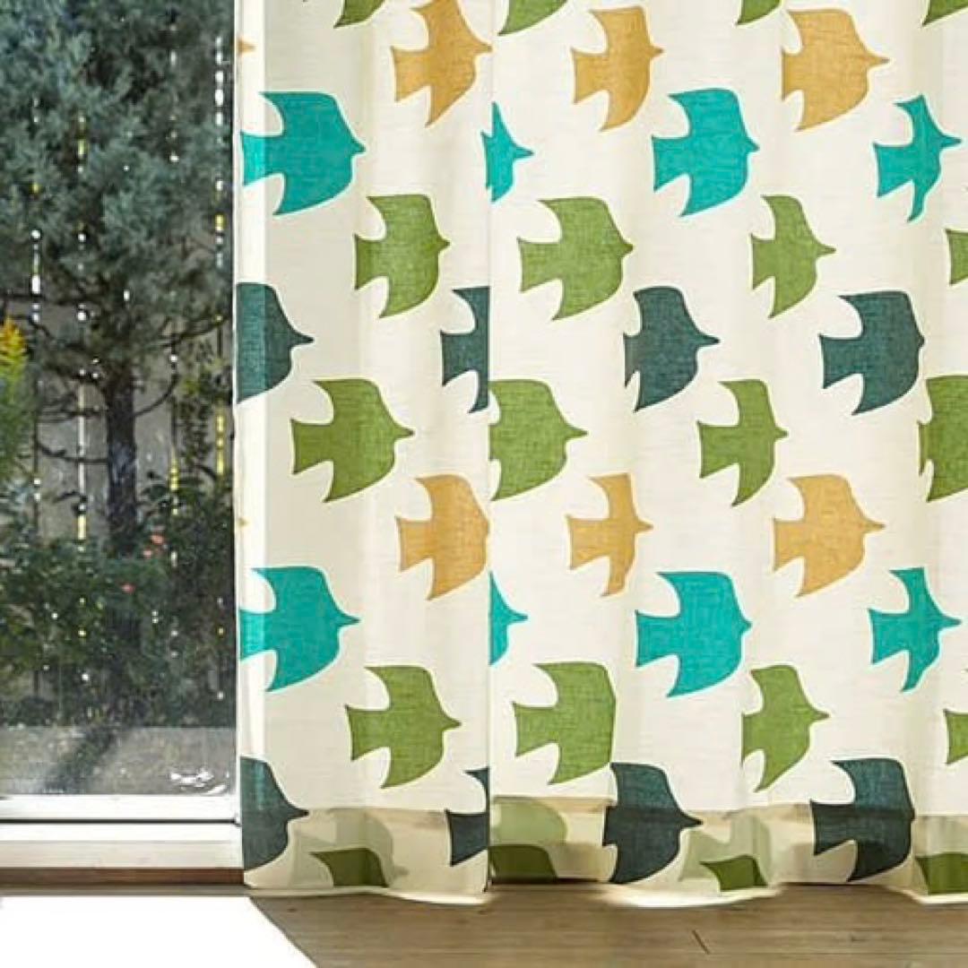 カーテン　コットン　ピジョン　鳥　ハト　北欧　ポール通し　のれん　2枚セット