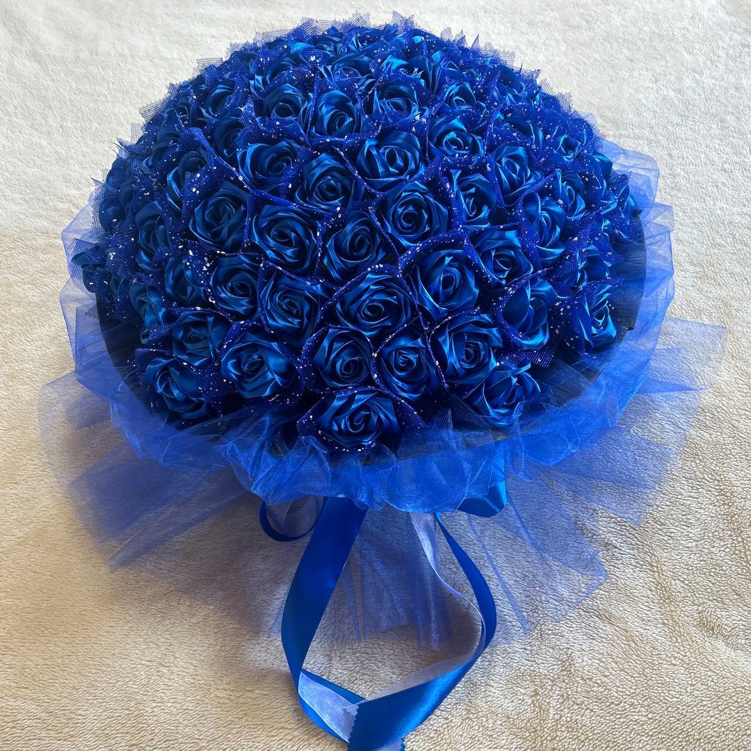 99本青バラブーケ　リボン薔薇 枯れない薔薇 プレゼント お祝い　好きな人へ