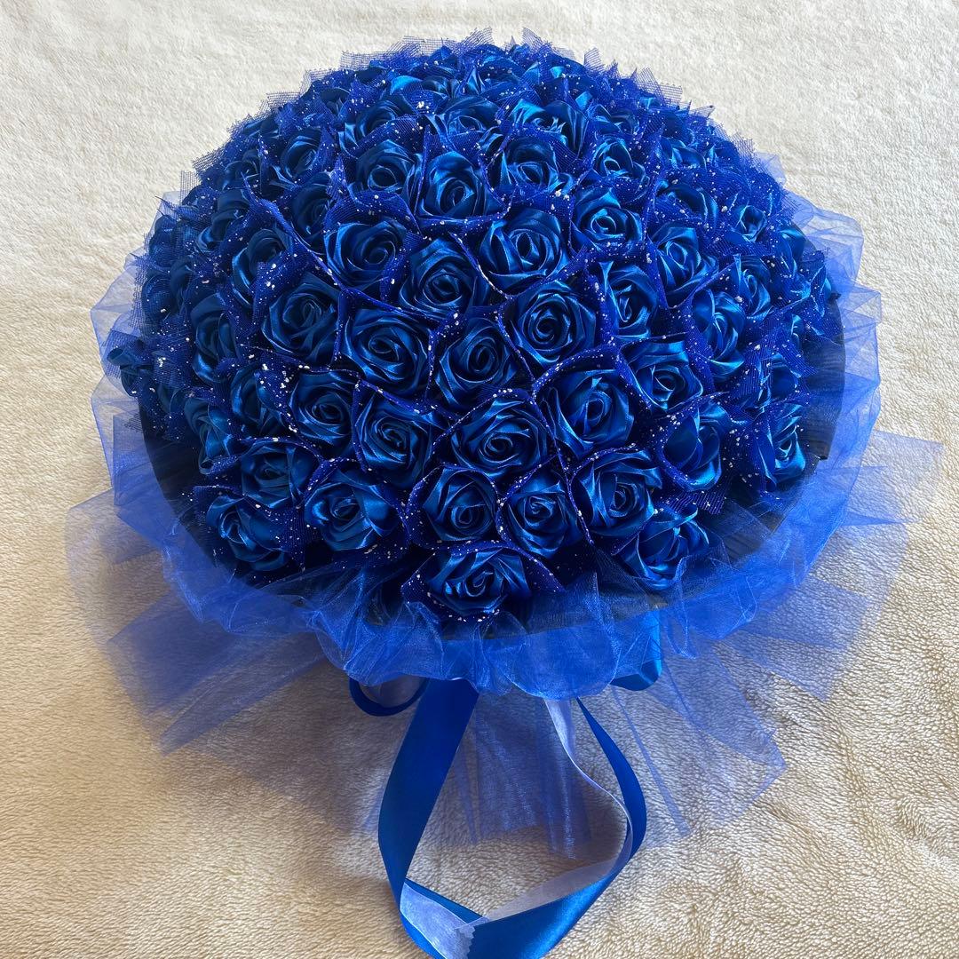 99本青バラブーケ　リボン薔薇 枯れない薔薇 プレゼント お祝い　好きな人へ