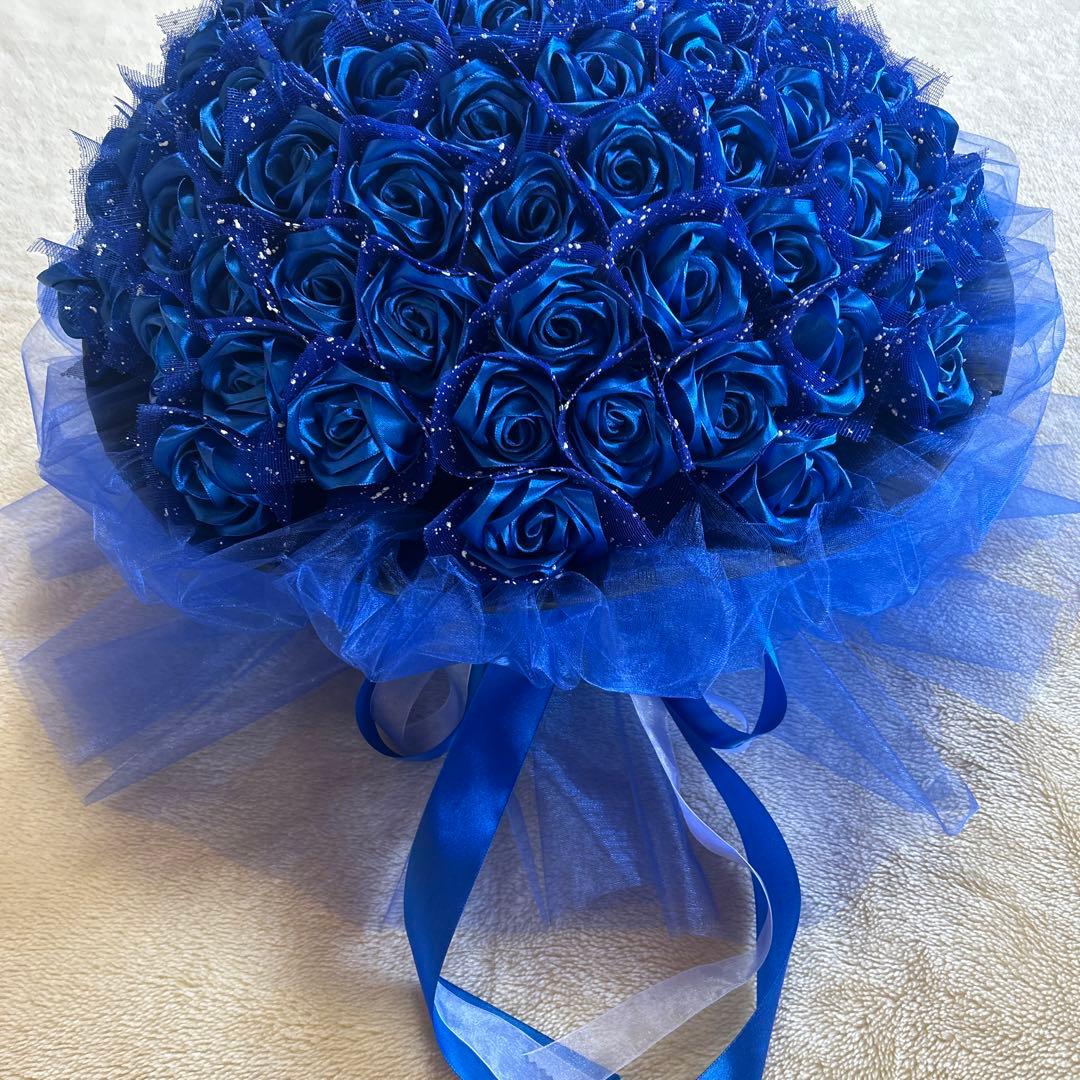 99本青バラブーケ　リボン薔薇 枯れない薔薇 プレゼント お祝い　好きな人へ