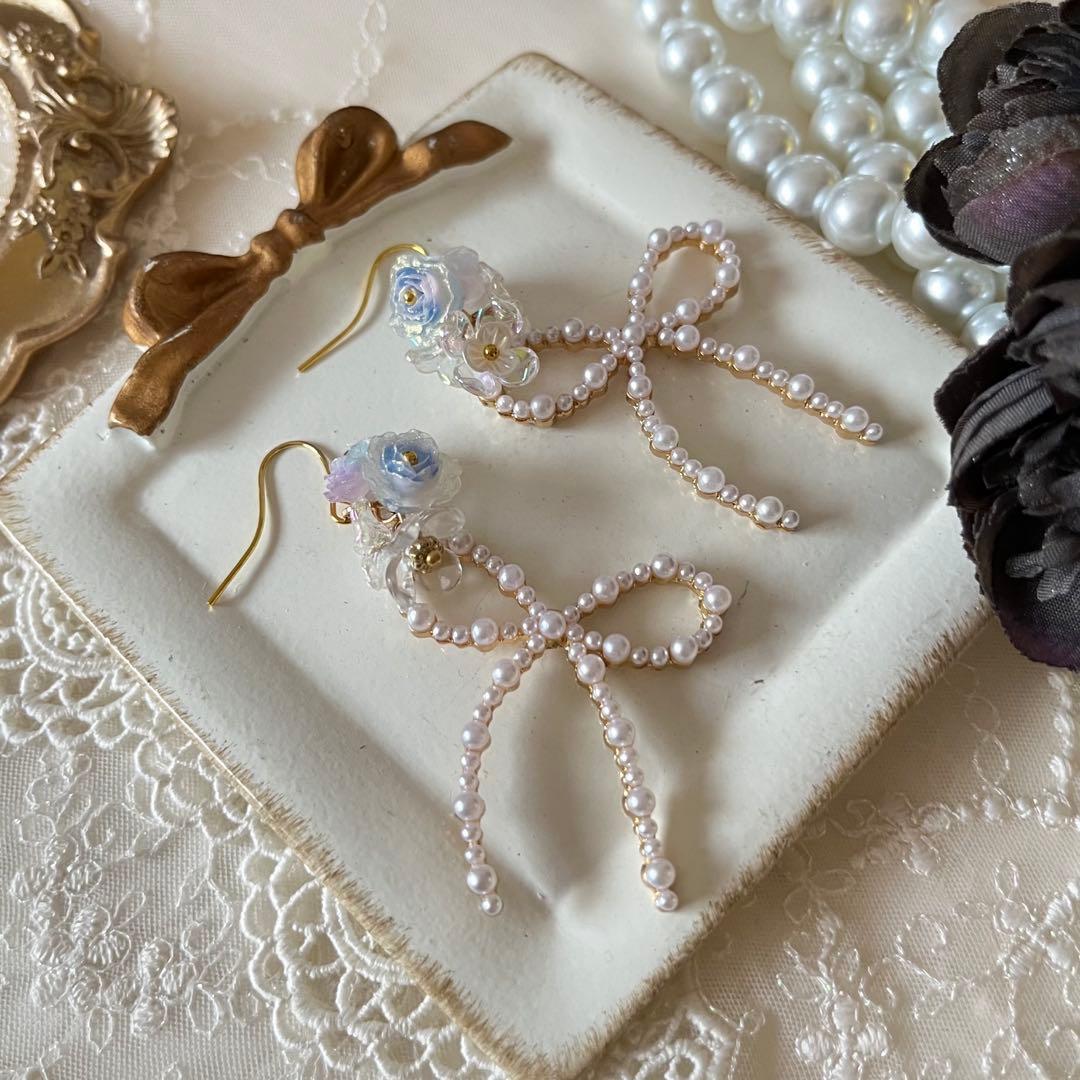 ☆❤️ りぼん　パール　薔薇　花　ピアス　イヤリング　ハンドメイド