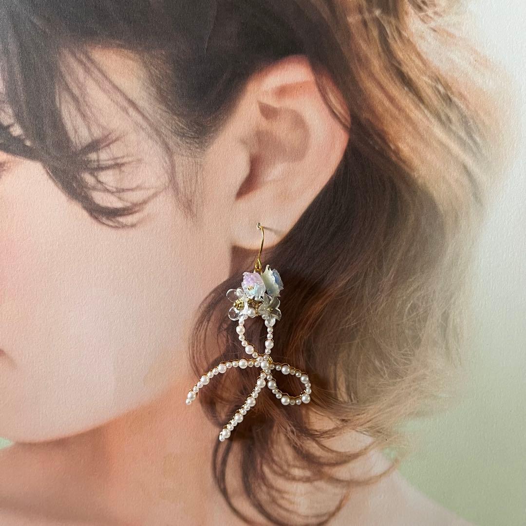 ☆❤️ りぼん　パール　薔薇　花　ピアス　イヤリング　ハンドメイド