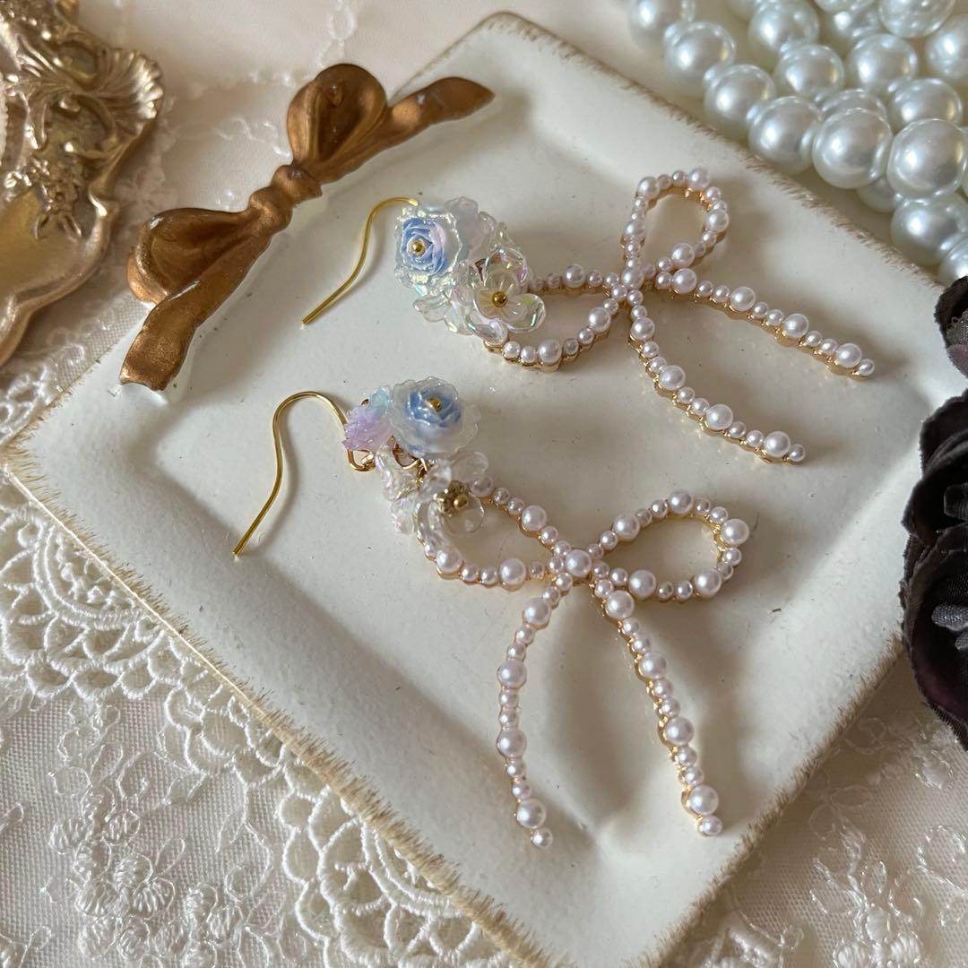 ☆❤️ りぼん　パール　薔薇　花　ピアス　イヤリング　ハンドメイド
