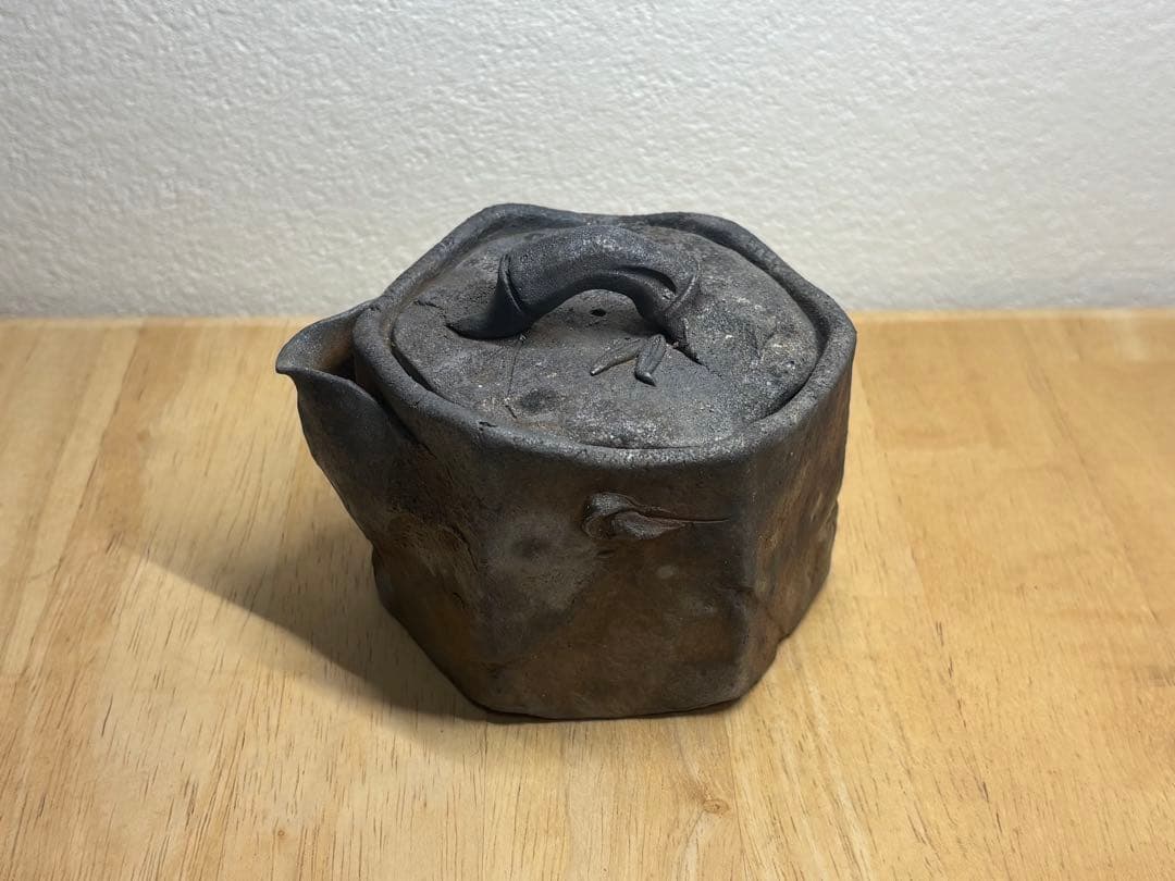 123. 備前焼 宝瓶 登り窯 竹 6角 手びねり 急須