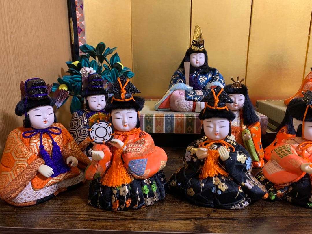 【3/6迄最終価格】木目込み人形　15体　金屏風　桜橘　親王台座　木目込み雛人形