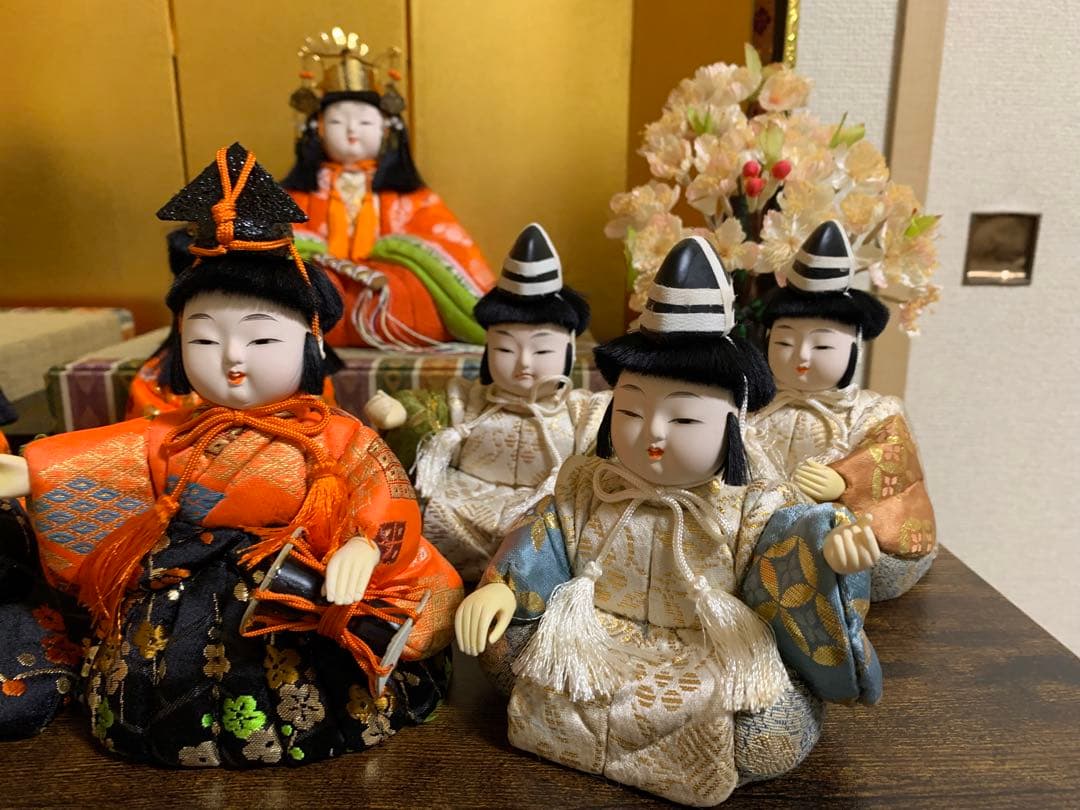 【3/6迄最終価格】木目込み人形　15体　金屏風　桜橘　親王台座　木目込み雛人形