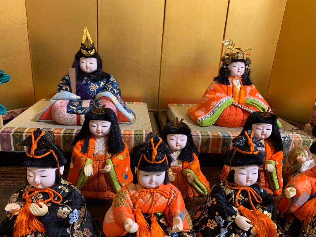 【3/6迄最終価格】木目込み人形　15体　金屏風　桜橘　親王台座　木目込み雛人形