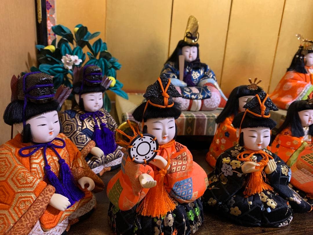 【3/6迄最終価格】木目込み人形　15体　金屏風　桜橘　親王台座　木目込み雛人形