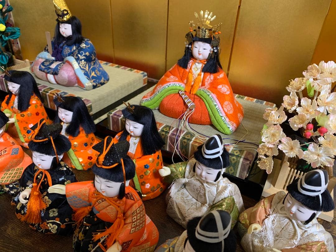 【3/6迄最終価格】木目込み人形　15体　金屏風　桜橘　親王台座　木目込み雛人形