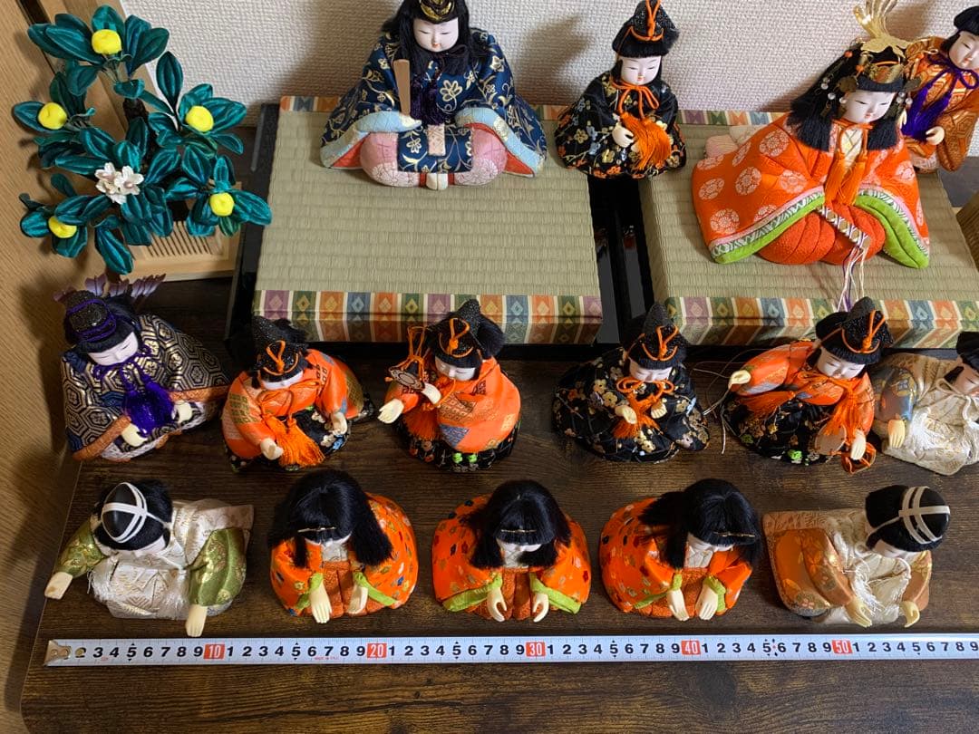 【3/6迄最終価格】木目込み人形　15体　金屏風　桜橘　親王台座　木目込み雛人形