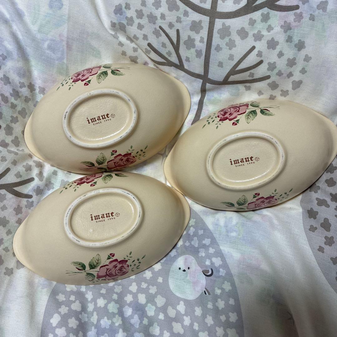 imane 花柄 食器　3個セット　楕円形ボウル　陶器　イヴ　薔薇　イマン