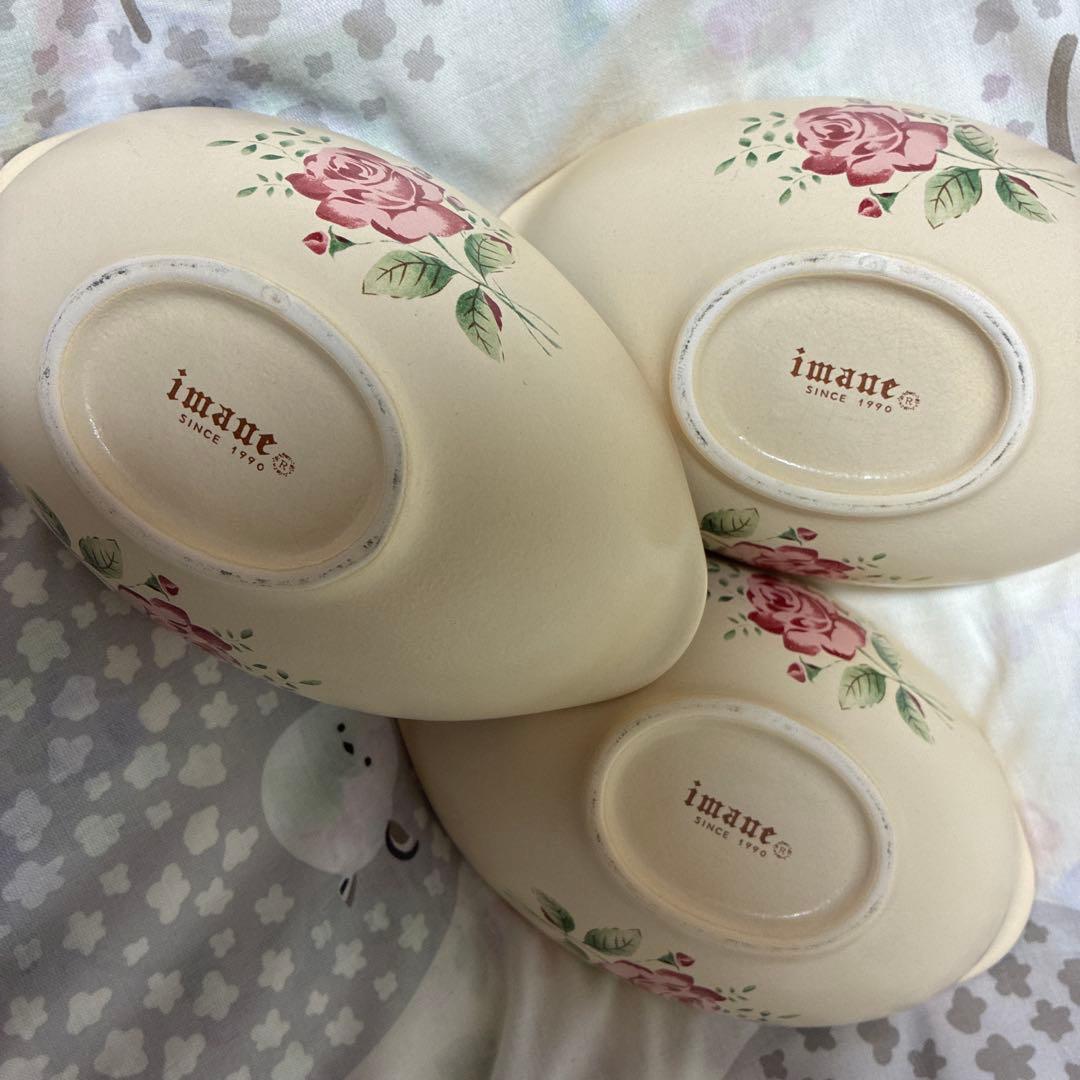 imane 花柄 食器　3個セット　楕円形ボウル　陶器　イヴ　薔薇　イマン