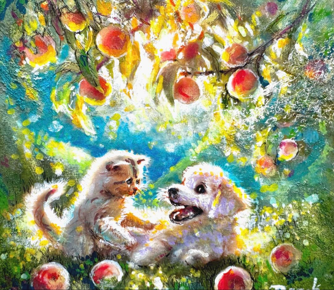 絵画原画《やさしさが巡る庭 》桃　dog and cat 光の中の絵画