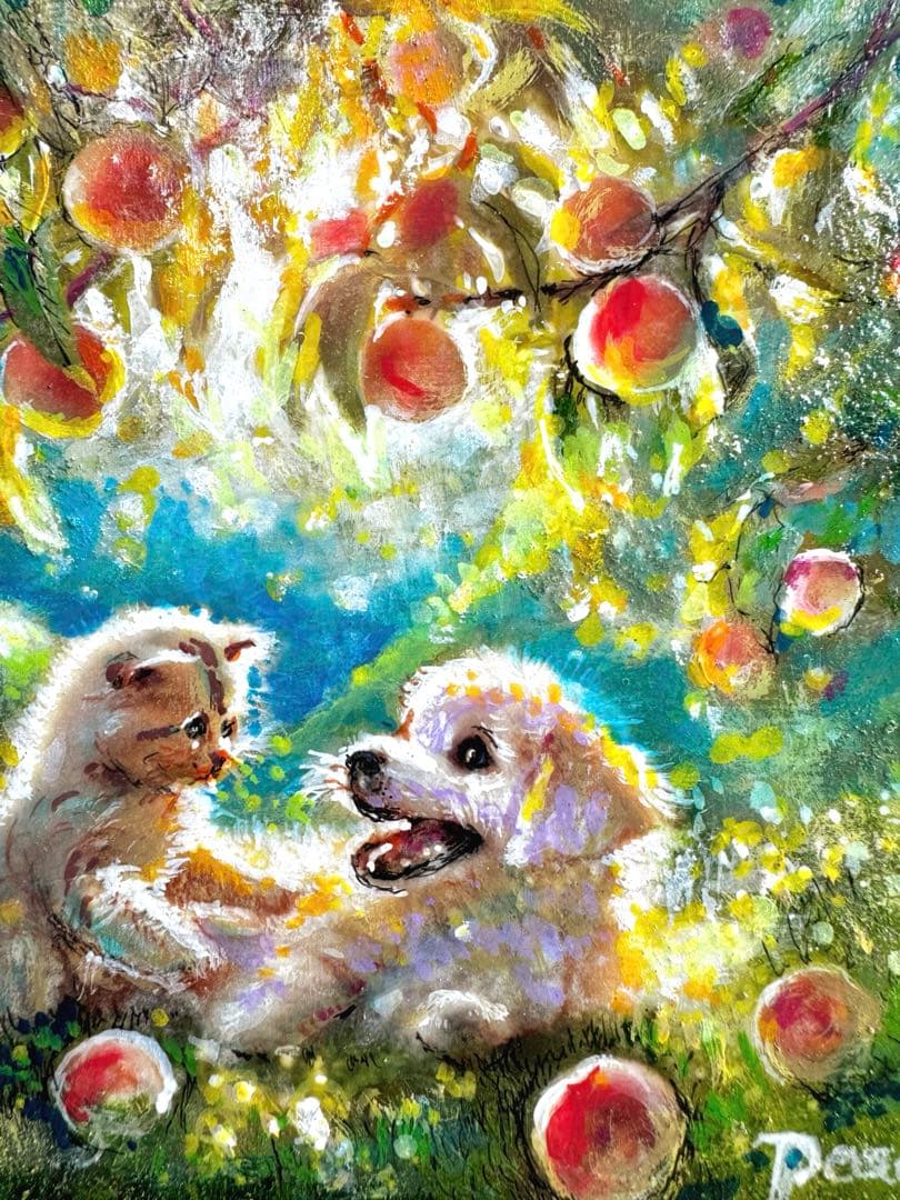 絵画原画《やさしさが巡る庭 》桃　dog and cat 光の中の絵画