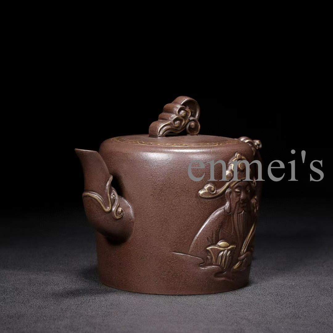 中国古美術　紫砂急須「财神」徐汉棠作 浮彫人物花文 原鉱紫泥 300cc 茶壺