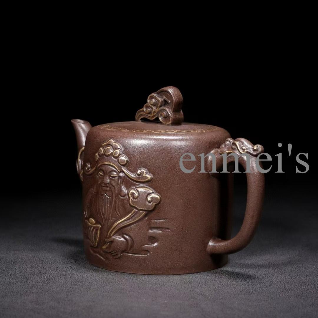 中国古美術　紫砂急須「财神」徐汉棠作 浮彫人物花文 原鉱紫泥 300cc 茶壺
