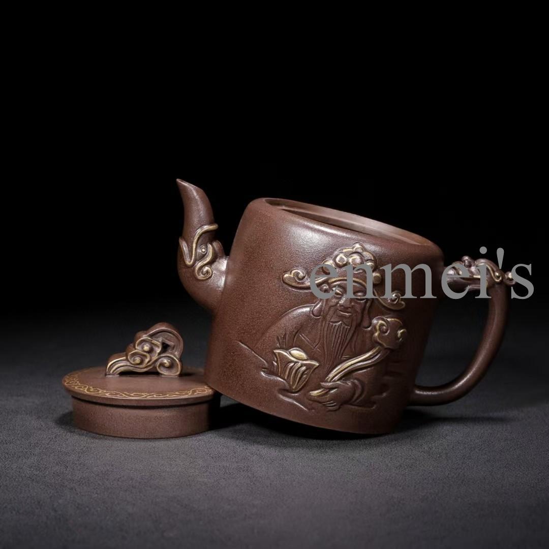 中国古美術　紫砂急須「财神」徐汉棠作 浮彫人物花文 原鉱紫泥 300cc 茶壺