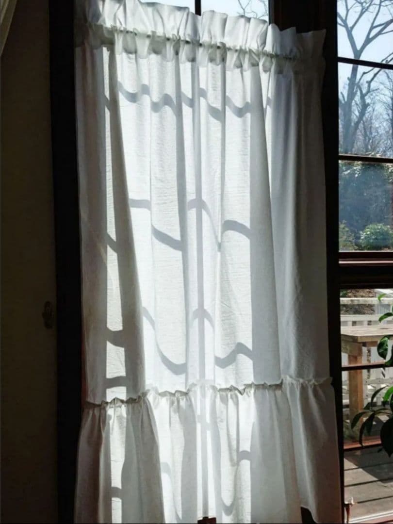 ホワイトコットン♪ラッフル片開きカフェカーテンリボンクリップ付き♡︎ハンドメイド
