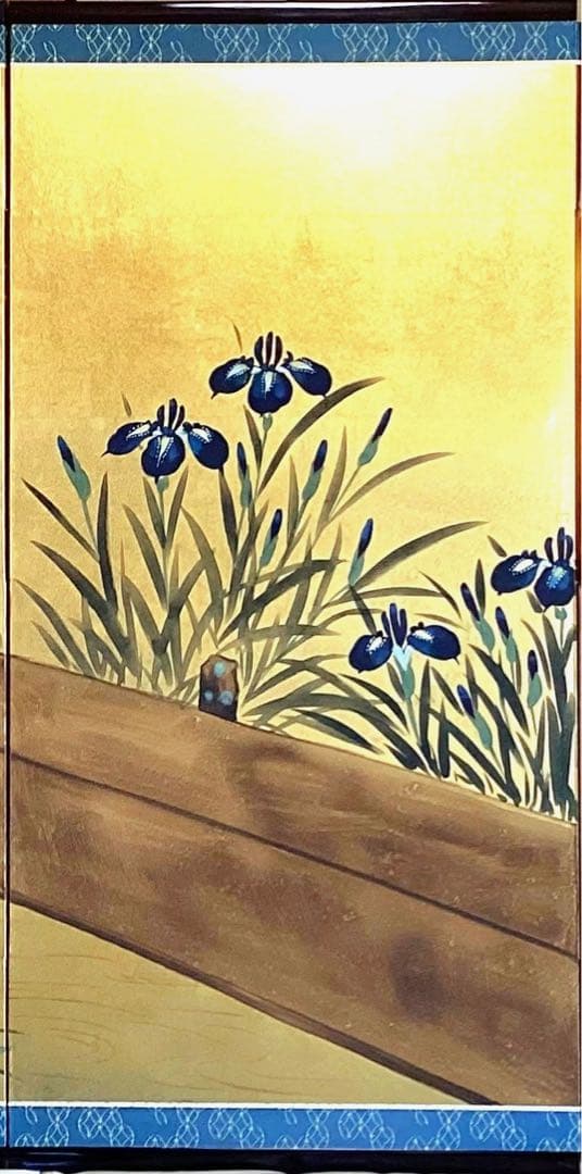 四つ折り屏風　日本画　金箔彩色　『琳派　菖蒲八ッ橋』