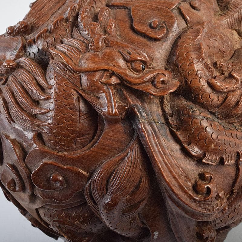 中国　唐木彫刻　龍　丸玉　置物　唐木台付　M　R9546