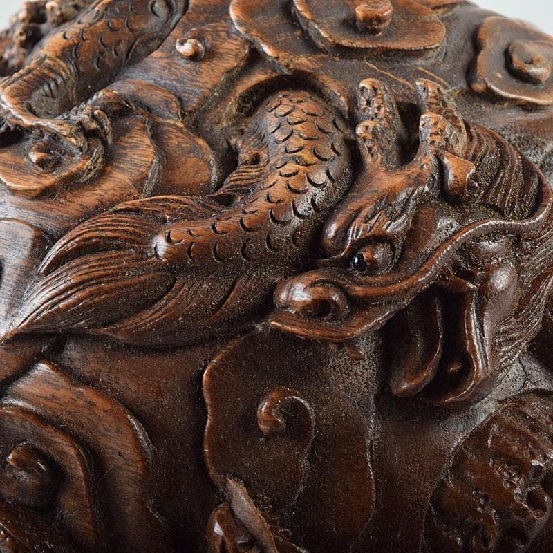 中国　唐木彫刻　龍　丸玉　置物　唐木台付　M　R9546