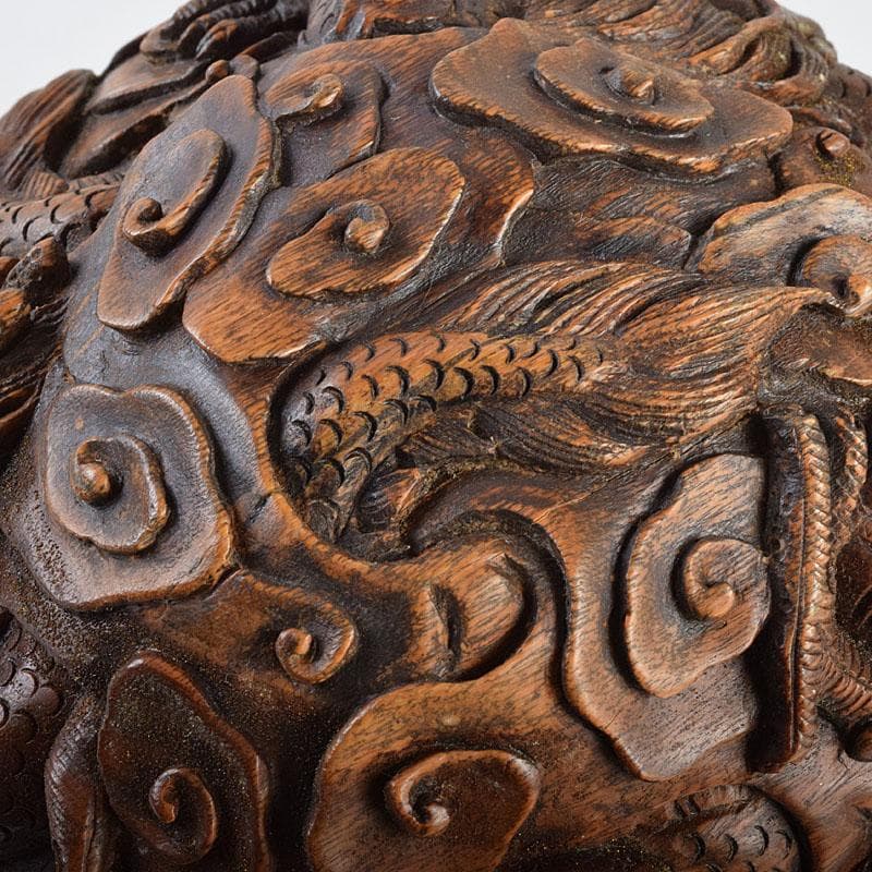 中国　唐木彫刻　龍　丸玉　置物　唐木台付　M　R9546