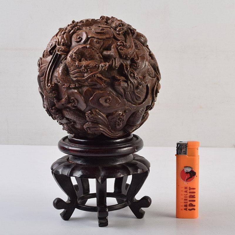 中国　唐木彫刻　龍　丸玉　置物　唐木台付　M　R9546