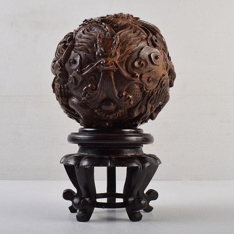 中国　唐木彫刻　龍　丸玉　置物　唐木台付　M　R9546