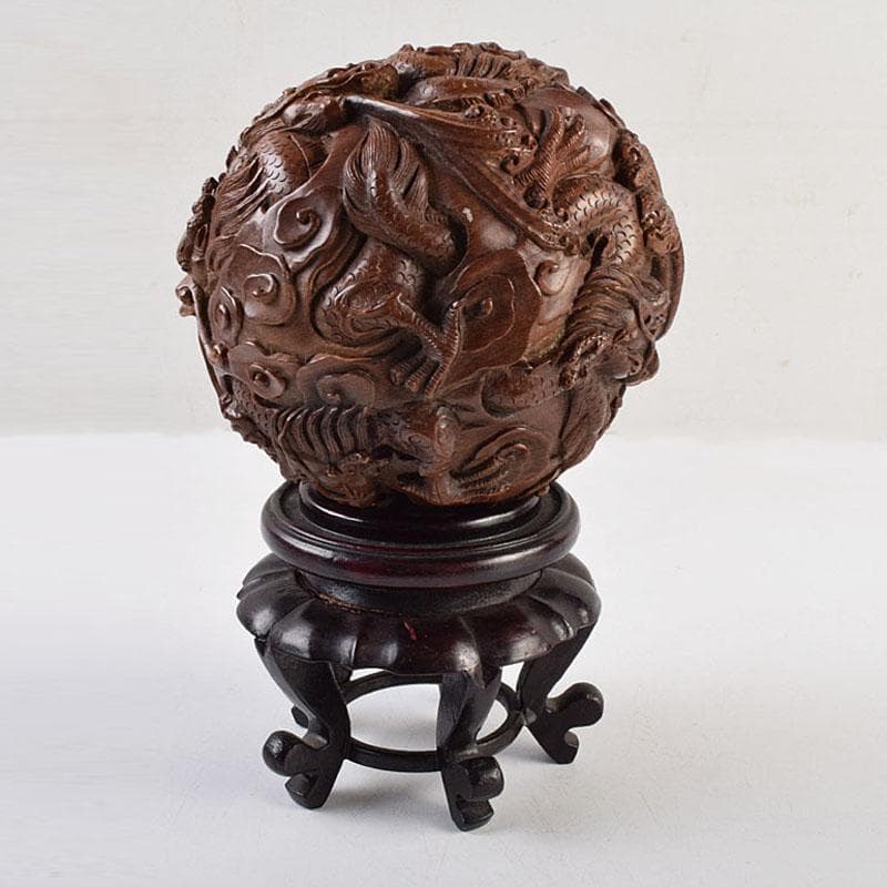 中国　唐木彫刻　龍　丸玉　置物　唐木台付　M　R9546