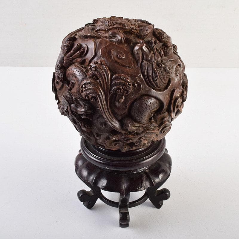 中国　唐木彫刻　龍　丸玉　置物　唐木台付　M　R9546