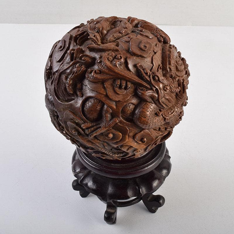 中国　唐木彫刻　龍　丸玉　置物　唐木台付　M　R9546