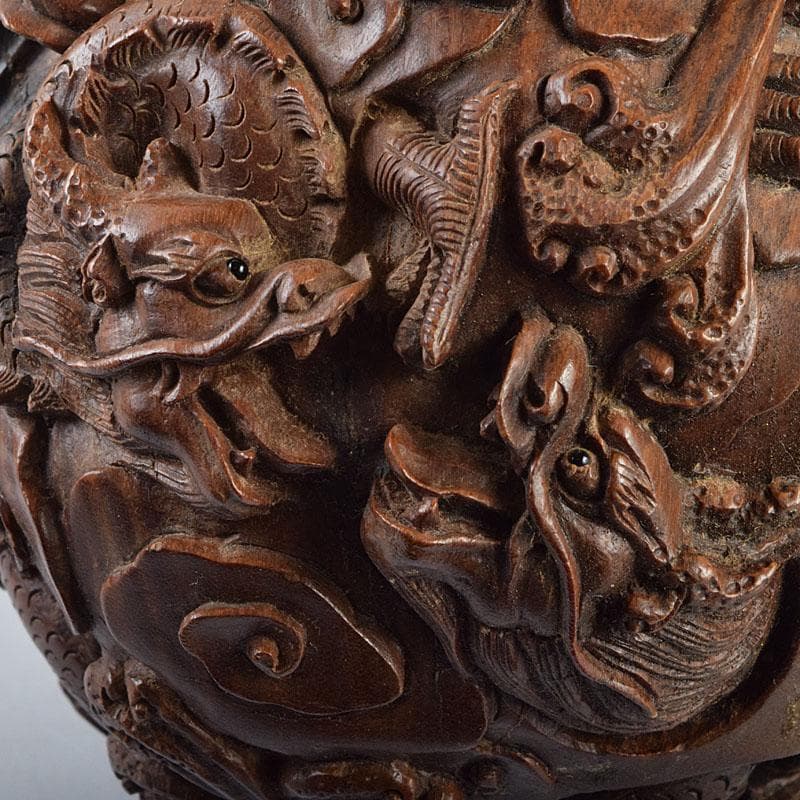 中国　唐木彫刻　龍　丸玉　置物　唐木台付　M　R9546