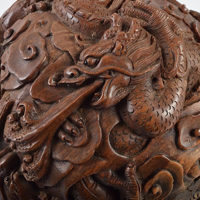 中国　唐木彫刻　龍　丸玉　置物　唐木台付　M　R9546