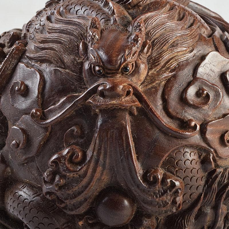 中国　唐木彫刻　龍　丸玉　置物　唐木台付　M　R9546