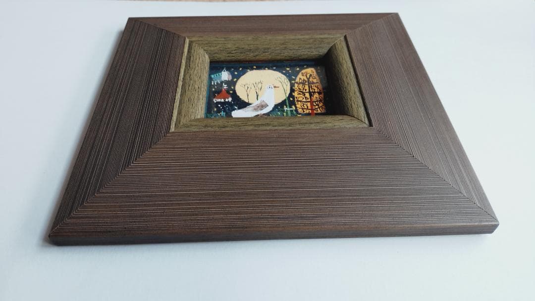 早川義孝　木製の板に描かれた満月と鳥の作品　約８ｃｍ×約６ｃｍ　額付き