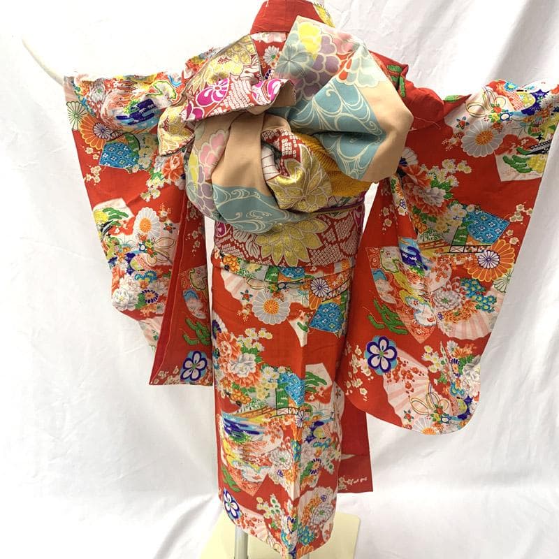 503ag77■キッズ小紋 六歳 七歳 女児 着物＆袋帯 扇 菊■良好