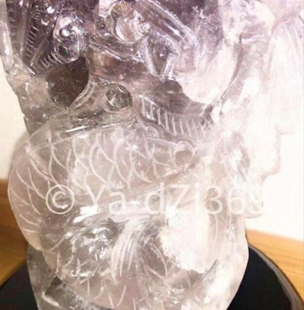 【 高品質 ／ 存在感抜群 】アメジスト 龍神彫り置物 一刀彫 木製専用台座付き