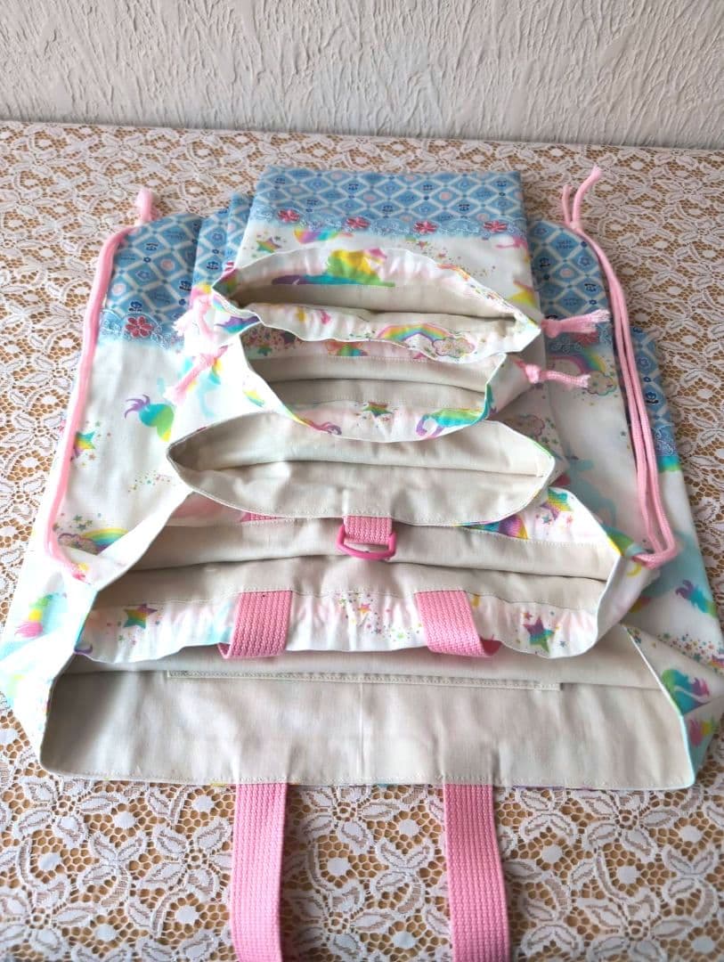 ユニコーン柄　入学入園7点セット、レッスンバック☆上履き袋☆体操着袋☆女の子
