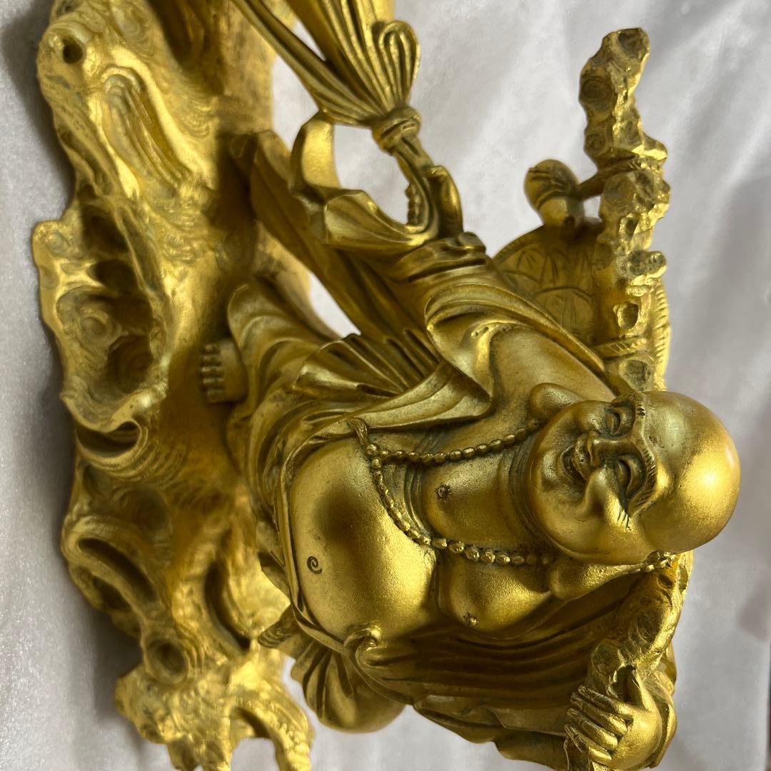 銅製招財布袋(黄金袋) 布袋尊　置物　金運祈願　縁起物