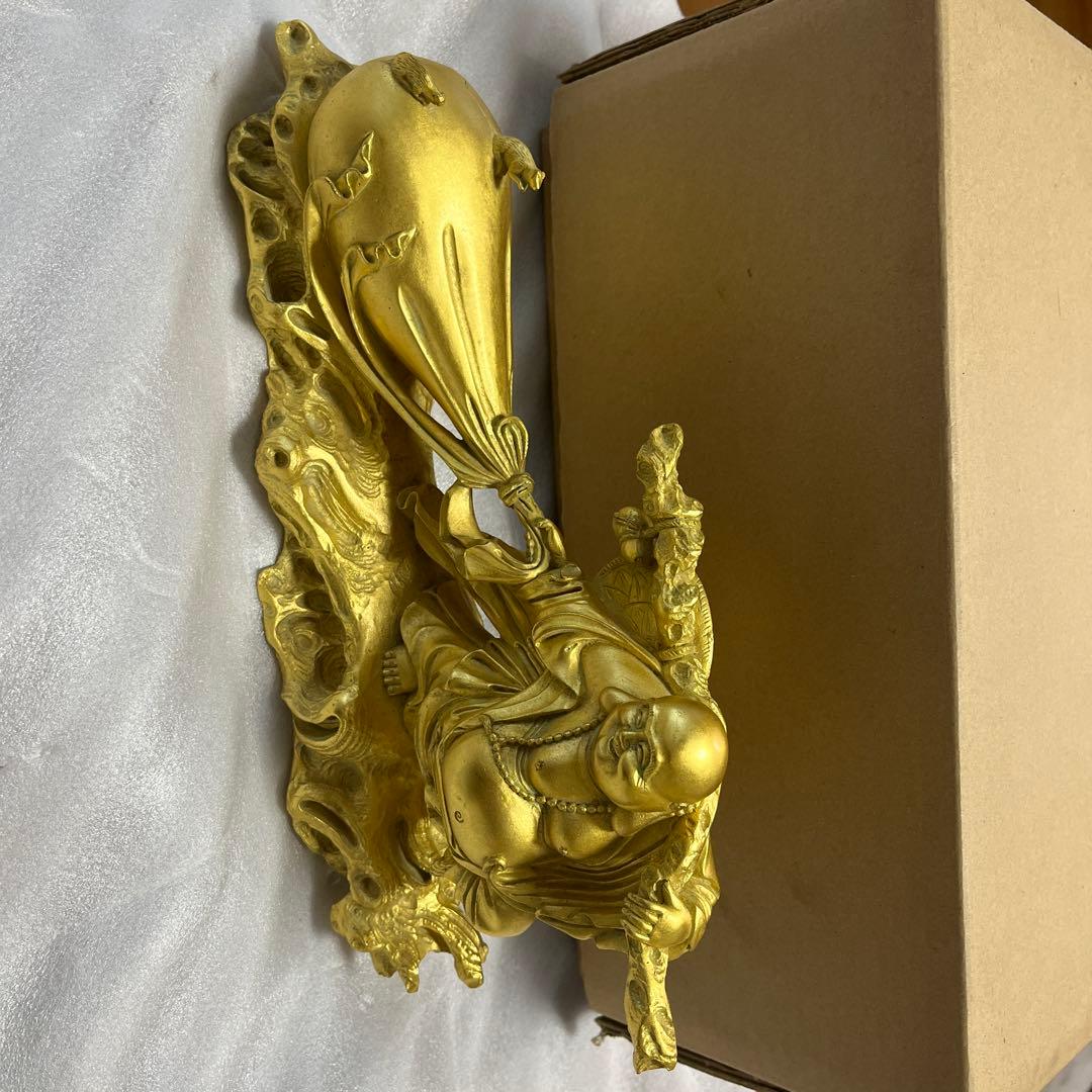 銅製招財布袋(黄金袋) 布袋尊　置物　金運祈願　縁起物